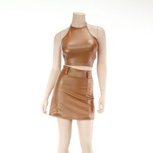 Chic, Sexy High Waist Style with the matching top, Pu Leather Women Skirt Camel